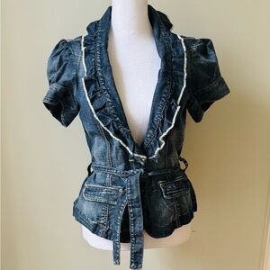 GUESS JEANS Denim Ruffled Short Sleeve Jacket with Waist Tie - Dark Wash - Belt